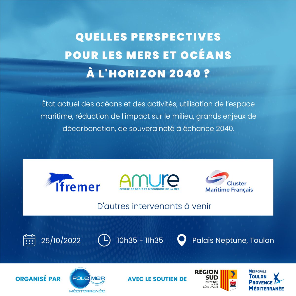 PoleMerMed's tweet image. 🔴 Découvrez les tables rondes des Blue Med Days 2022 !💡 Objectif 2040 : Une économie bleue zéro carbone et souveraine.
Inscriptions 🔗 swll.to/2RaEF2Y
🗓️ 25 &amp;amp; 26/10/2022
📍 Palais des Congrès Neptune à #Toulon
#BMD2022 @MaRegionSud @metropoleTPM