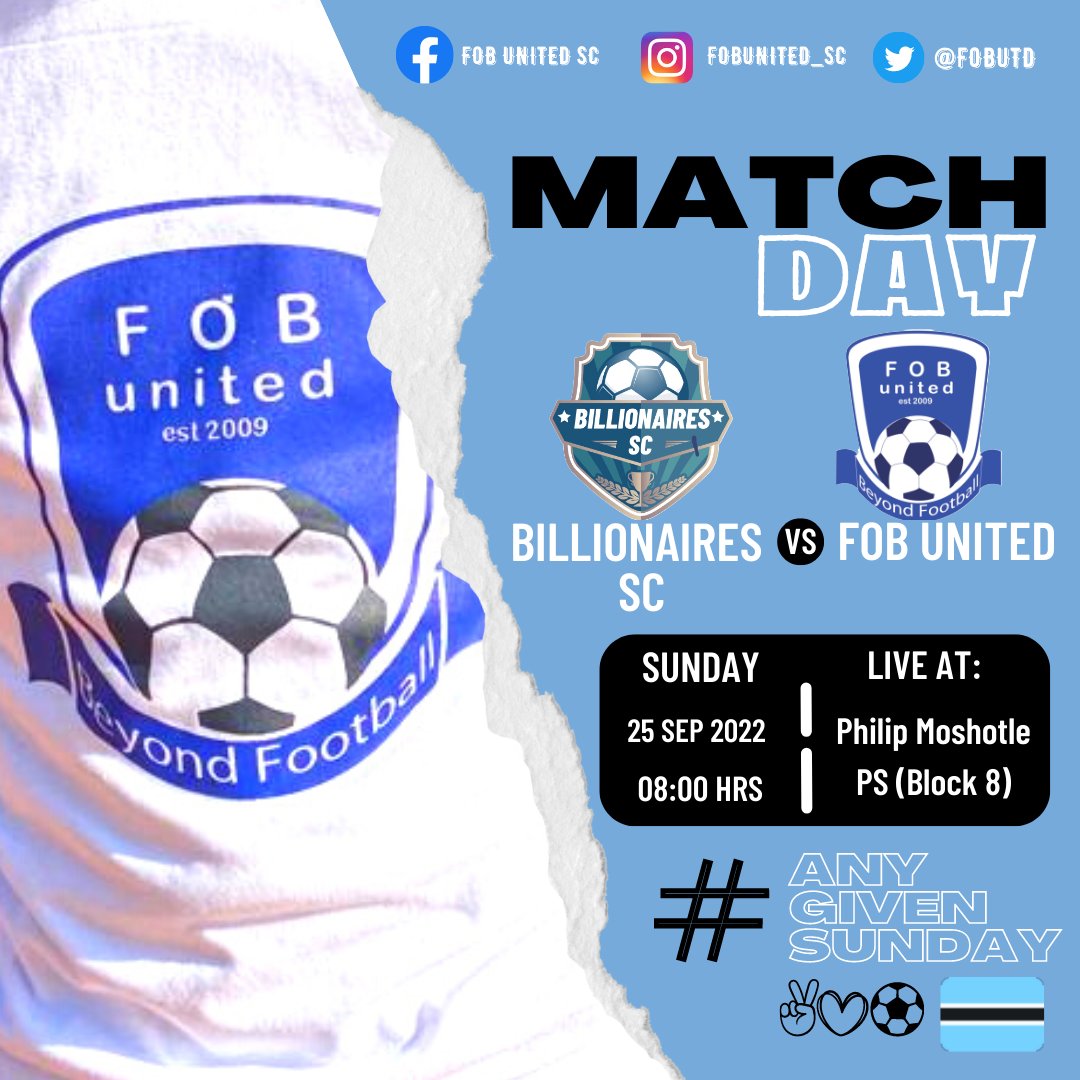 FobUtd's tweet photo. โผ๏ธ Fixture Alert โผ๏ธ
โฝ Billionaires SC vs FOB United SC
๐๏ธ 25/09/22 (Independence Month ๐ง๐ผ)
๐ Philip Moshotle P School (Block 8 ๐๏ธ)
โฐ 8:00 HRS Kickoff โ๏ธ๐ซก
#BeyondFootball
#BWSocialClubs
#sundaysoccer
#anygivensunday
#Bots56
#knowyourbotswana
https://t.co/9PLxuwDM2E https://t.co/fzN31SebCP