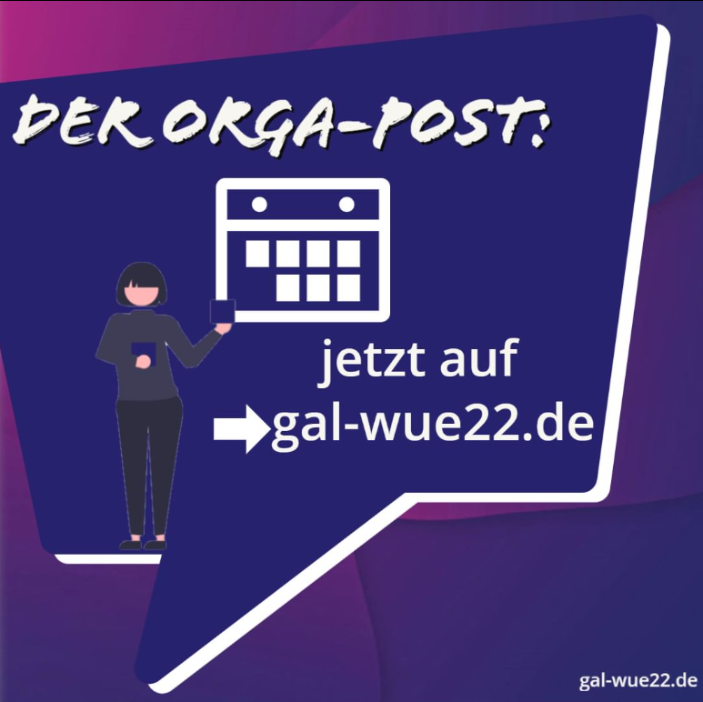 galwue22's tweet image. Auf ➡️gal-wue22.de haben wir alle Infos rund um die Organisation einer möglichst reibungslosen Tagung nochmal zusammengefasst. Von Anfahrt über Raumplan bis Tagungsprogramm der #galwue22 findet sich hier alles, das man braucht, um den Überblick nicht zu verlieren! 😊