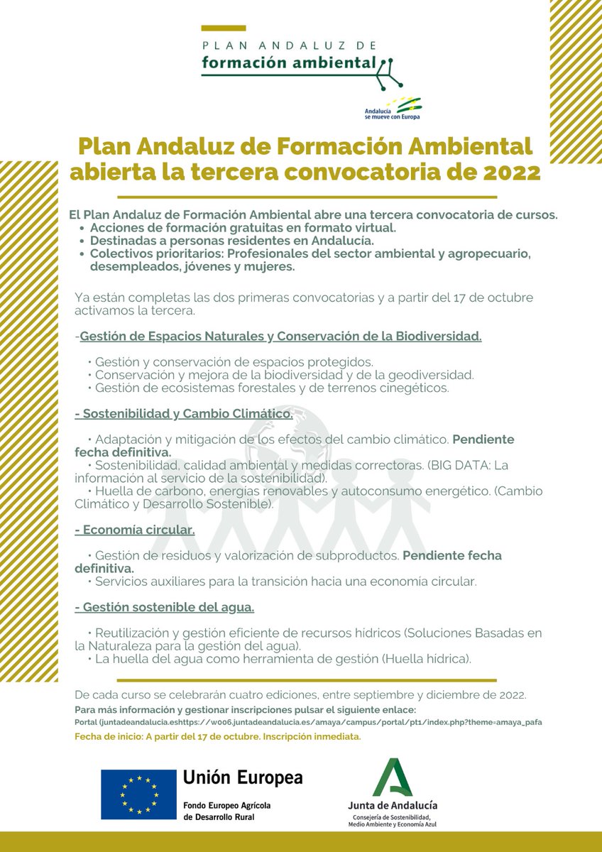 AGUESAAgua's tweet photo. 📢 📢Abierto el plazo de inscripción para la III edición de los cursos del Plan Andaluz de Formación Ambiental 2022 (PAFA).

Destinados a profesionales del sector ambiental, desempleados, mujeres y jóvenes residentes en Andalucía.
Inscripciones: https://t.co/HmUxNrVeax https://t.co/o20UIaHPCw