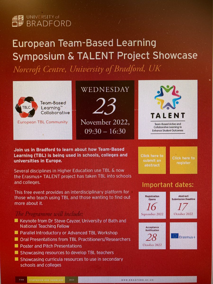 Join us in Bradford for a free European Team-Based Learning Symposium on 23rd November. Abstracts open until 9am on Monday 17th October and can be submitted at shorturl.at/aMSU7. Registration is free and is open via Eventbrite shorturl.at/dtv69. Please retweet!