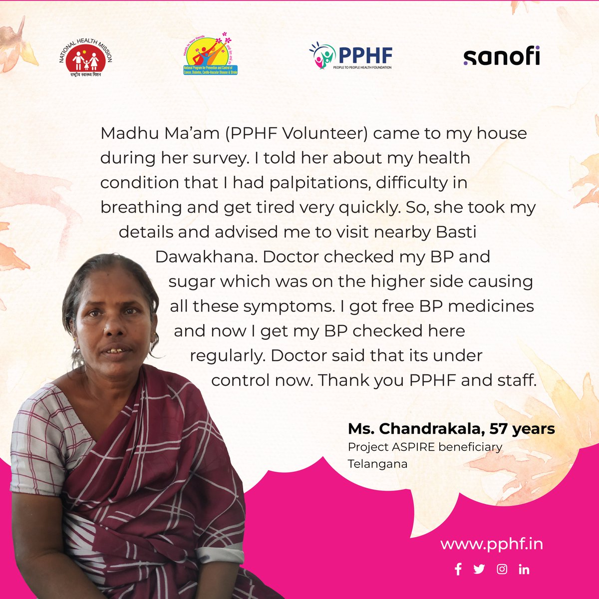 PPHF_Global's tweet photo. #thursdaytestimonial
As part of #ProjectASPIRE, @PPHF_Asia with support from @IndiaSanofi is doing a #tremendous job of filling the gaps by #conducting door-to-door visits to #educate the #community on available services for #NCDs at each #BastiDawakhana
#Telangana https://t.co/rFwCeSJ4Dn