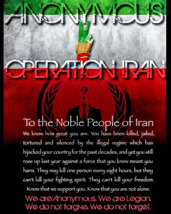 Anonymous_Link's tweet photo. Help the Iranian people rise against the undemocratic regime of Iran with the Iran operation #OpIran 🇮🇷✌️

We have already started the cyberattacks, join us!

We are #Anonymous. We are Legion. We do not forgive. We do not forget. Expect us! https://t.co/4cdRxOc40X