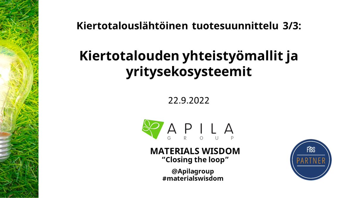 Toteutimme @FIBSry jäsenille valmennuksen 'Kiertotalouden yhteistyömallit ja yritysekosysteemit’. Kiitos kaikille tapahtumaan osallistuneille ja erityiskiitos @Motiva Oy:n Ilkka Hippiselle ja @LSJH Oy:n Anna Gartonille!  #vastuullisuus #kiertotalous #yritysekosysteemit