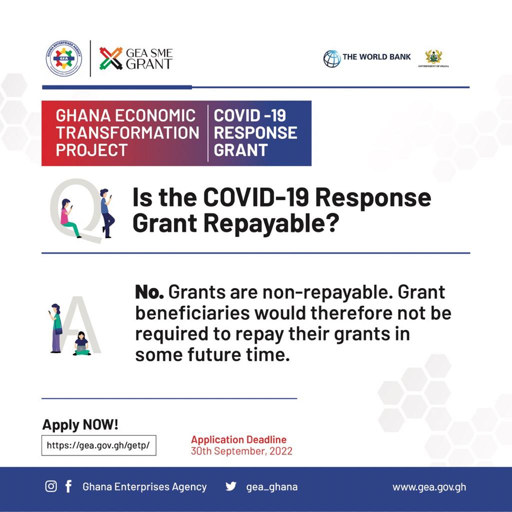 gea_ghana's tweet photo. All grants awarded under the #COVID19ResponseGrant program are not loans that would require repayments.

#GETP       
#EmpoweringPeople
#COVID19ResponseGrant #GrantSectoralExpansion
#TransformingSMEs https://t.co/I2dNaF9dBD