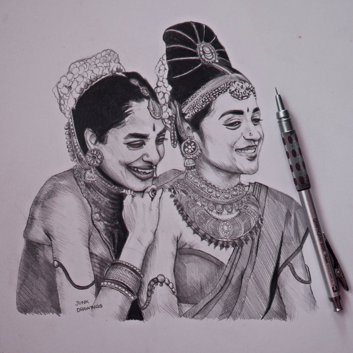 JunkDrawings's tweet photo. This is actually 91, 92 of my #100headschallenge #TrishaKrishnan #SobhitaDhulipala #kundavai #vaanathi #PonniyinSelvan #drawing #art #sketch #illustration #doodle #sketchbook #tamilactress #beautiful #portrait #pencildrawing #artwork @LycaProductions @trishtrashers @sobhitad https://t.co/gJG50KHXt2