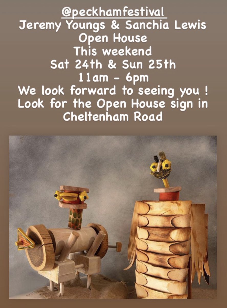 Come along to the last weekend of our Open House ! 
look for the sign in Cheltenham Road 
<a href="/peckhamfestival/">Peckham Festival</a> #jeremyyoungs #sanchialewis #peckhamfestival #openhouse #art #animation #oilpainting #giclee #greeting #cards #books #peckham #nunhead