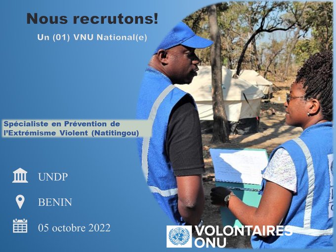 PNUDBenin's tweet photo. 📢📢📢Nous recrutons 01 #VNU Spécialiste Prévention Extrémisme Violent #PVE.
🎓 Titulaire d’une Licence en Science Sociale, 
💼 3 ans d’expérience en Gestion des projets, Administration locale ou Recherche &amp; maîtrise langue locale.
✍️ https://t.co/JmQ9oDzmSc Avant :0⃣5⃣ 1⃣0⃣ 2⃣2⃣ https://t.co/vT7HpCpAx0