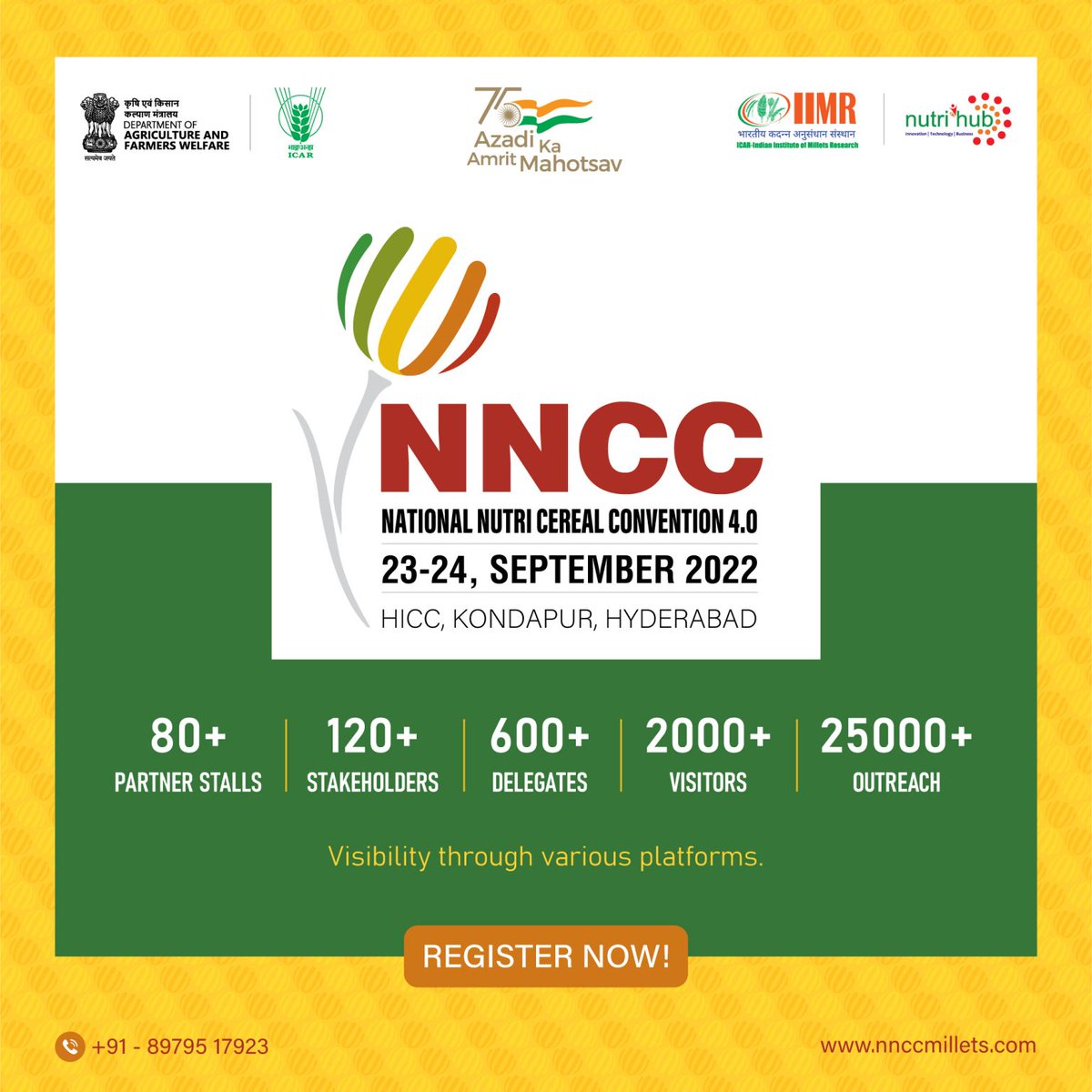 nnccmillets's tweet photo. NutriHub, ICAR-IIMR is organising “National Nutri-Cereal Convention, 4.0, NNCC . We thank all the sponsors, partners &amp; participants who have joined hands. We look forward to see you at the National Nutricereal convention 4.0 

Registration Form : https://t.co/YnTN1OXyTq
#iyom2023 https://t.co/YqQtaraimK