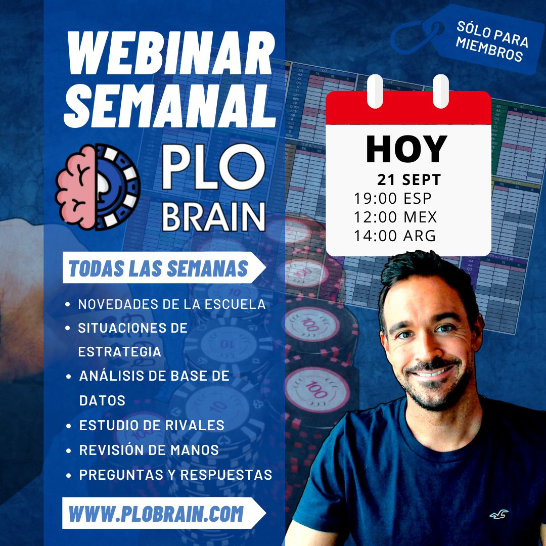 BrainPlo's tweet photo. 📢 HOY A LAS 19:00 CET WEBINAR - 94 PARA MIEMBROS ELITE
.
.
.
#plo #4cartas #omaha #cashgame #escueladepoker #eatsleepplo #plobrain #poker #pokeronline #ggpoker #wsop #webinar https://t.co/O1I3ABx5gV
