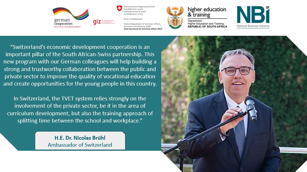 NBISA's tweet photo. "Switzerlandโs economic development cooperation is an important pillar of the South African-Swiss partnership." ~H.E. Dr. Nicolas Brรผhl (Ambassador of @Switzerland_SA) speaking about the launch of the Career Path Development for Employment (CPD4E). @giz_gmbh @SECO_CH #CPD4E https://t.co/Z2vwJMSk7w