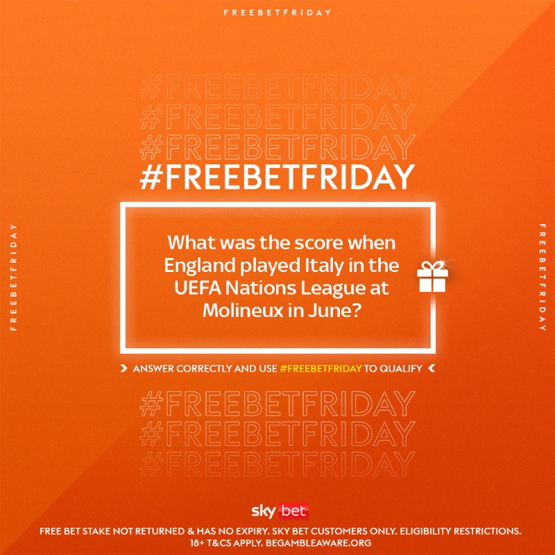 SkyBet's tweet photo. It's #FreeBetFriday time! 🙌

We have FIVE £20 free bets up for grabs 🎁

Simply answer today's question, use the hashtag #FreeBetFriday and you could be one of today's lucky winners announced at 3pm 💪

T&amp;C's apply 🔗