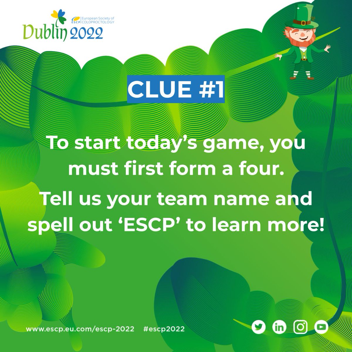 European Society of Coloproctology (@escp_tweets) on Twitter photo 🤳Enter the competition by uploading a selfie of your team & team name. Include the hashtag #TheDublinDash and tag <a href="/escp_tweets/">European Society of Coloproctology</a> in the photo to register.
Points will be awarded for:
🍀‘Irish’ theme
🖼️Best backdrop
🧑🤝🧑 Number of team members
🎨Creativity
🔤 Spelling out ESCP 🤳Enter the competition by uploading a selfie of your team & team name. Include the hashtag #TheDublinDash and tag <a href="/escp_tweets/">European Society of Coloproctology</a> in the photo to register.
Points will be awarded for:
🍀‘Irish’ theme
🖼️Best backdrop
🧑🤝🧑 Number of team members
🎨Creativity
🔤 Spelling out ESCP