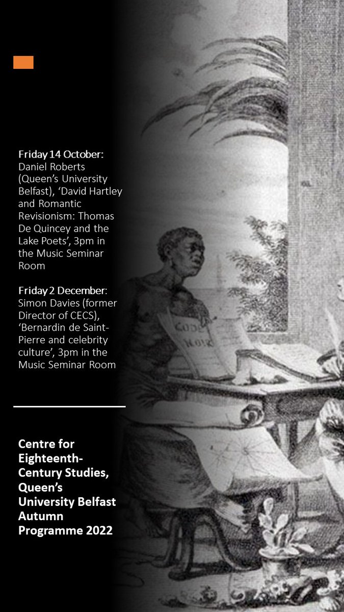 Our Autumn Programme for eighteenth-century studies <a href="/QUBelfast/">Queen's University Belfast 🎓</a>! Join researchers from across @QUB_History, <a href="/ModLangs_QUB/">QUB Modern Languages</a> , <a href="/EnglishAtQUB/">English at QUB</a> and <a href="/QUBMusicteam/">QUBMusic</a> for two exciting papers from eminent speakers Daniel Roberts and Simon Davies <a href="/BSECS/">18th Century Studies</a> <a href="/18thCentCulture/">Studies in Eighteenth-Century Culture</a>