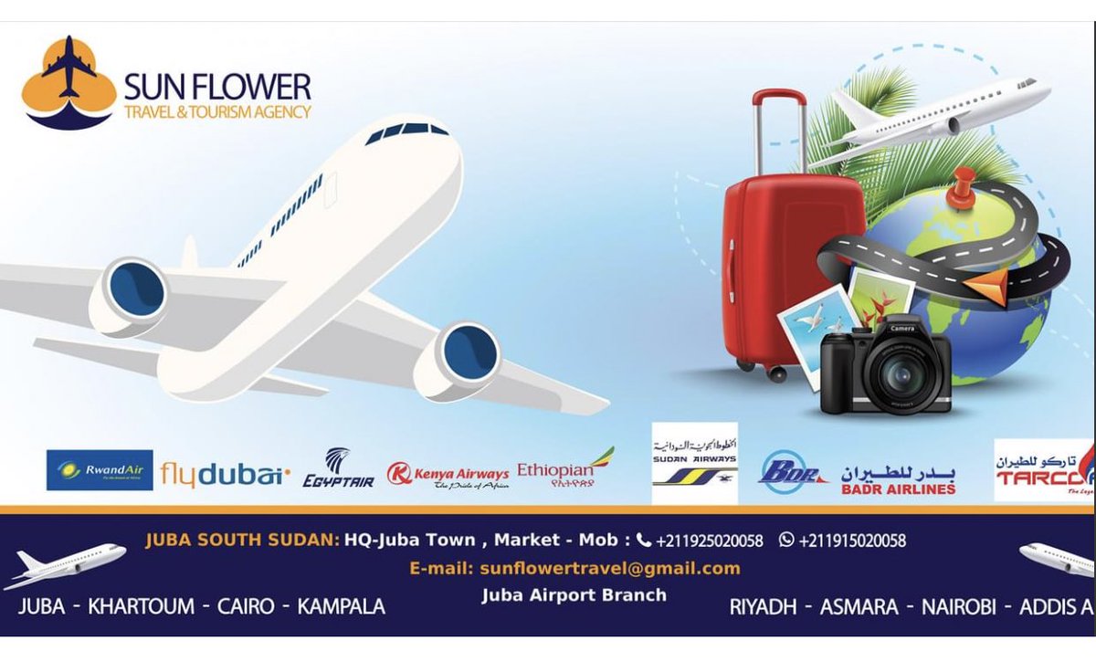 Tawdesio's tweet photo. #Sun_Flower_Travel_And_Tourism_Agency #Our_Flights : ✈
Juba - Khartoum - Kampala - Cairo - Riyadh - Asmara - Nairobi - Addis Ababa
#Our_location : HQ Juba Town , Market
For More Info Call :
0925020058
0915020058 #SSOT https://t.co/kznjkjhutZ