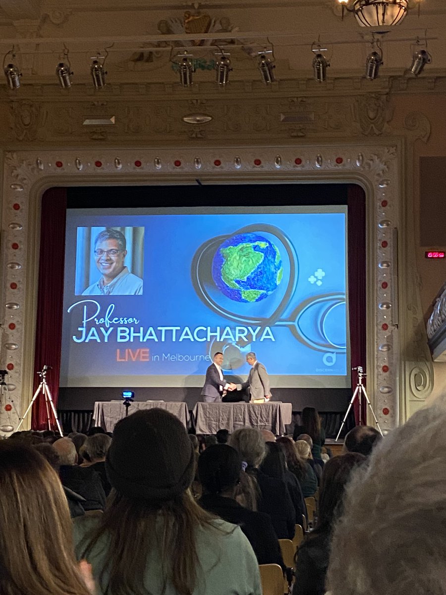 NatalieHeslopOz's tweet photo. Tonight live at Cathedral Hall in Fitzroy, Victoria, Professor of Health Policy at Stanford University @DrJBhattacharya said on reflection of the pandemic, “Covid lockdowns protected the laptop class.”#discernable #Melbourne https://t.co/FxQQXNhmQU