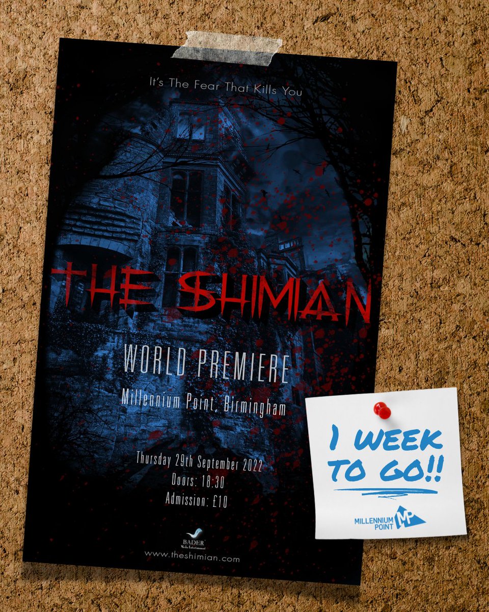 It's just 1️⃣ week to go until the red carpet is rolled out for the world premiere of <a href="/MediaBader/">Bader Media CIC</a>'s feature horror movie "The Shimian" at Millennium Point! 👹 

There remains a limited number of tickets, make sure you don't miss out > bit.ly/3xJs8ht