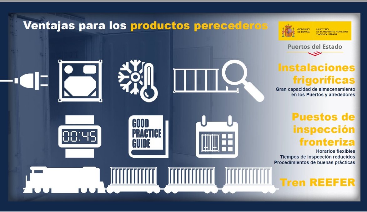 PuertosEstado's tweet photo. ❄️ ¿Qué ventajas ofrecen los #puertos españoles para el tráfico #reefer? 

Gran capacidad de las instalaciones frigoríficas de nuestros puertos, ventajas de los PIF, conexiones directas, tiempos de tránsito muy competitivos o trenes reefer. #coolglobal22 #coollogistics https://t.co/8lqz83Pm09
