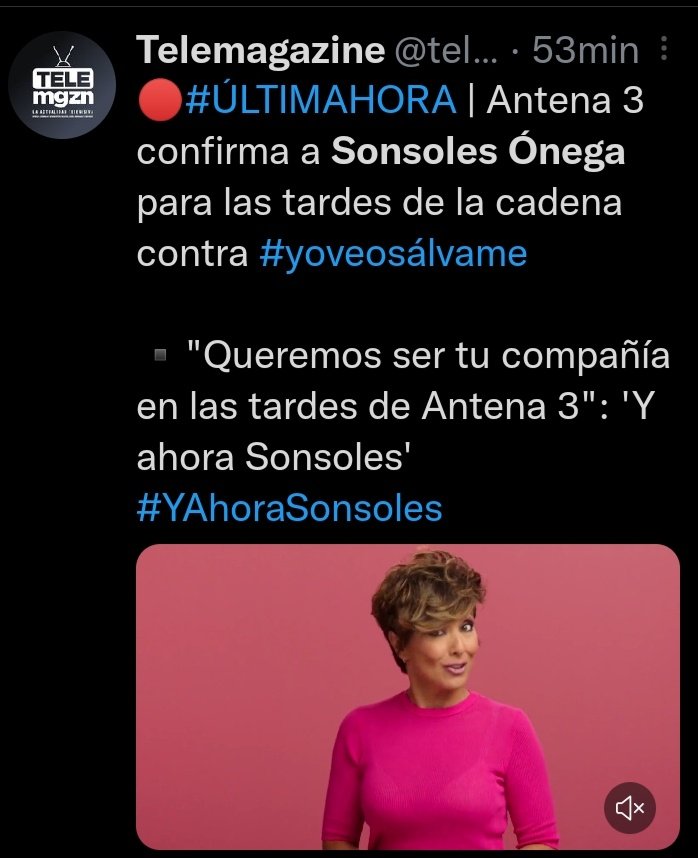 Seram110's tweet photo. Antena3 confirma que el programa de Sonsoles Ónega será por las tardes contra Sálvame 👏👏#YoMeRebelo22S #YAhoraSonsoles https://t.co/JW8e4xgjSK