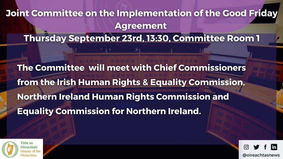 The Good Friday Committee will meet today with representatives from the Irish Human Rights & Equality Commission, Northern Ireland Human Rights Commission and Equality Commission for Northern Ireland. Watch live here from 13:30: bit.ly/3dpIUpp