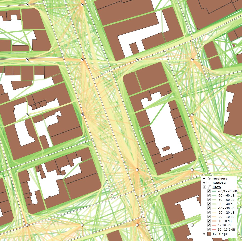 NicolasCumu's tweet photo. Diffraction of noise propagation rays around buildings. Coloration using attenuation level. Incoming NoiseModelling 4.0.2. More info on https://t.co/1KCW1if9lf #noisemap #simulation https://t.co/ccQszKl1fW