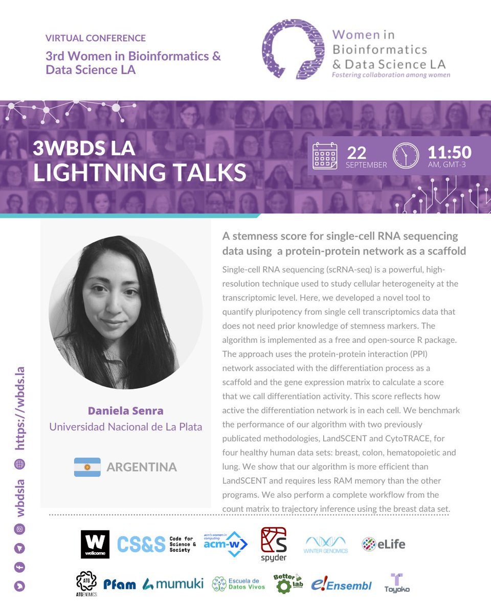 WBDSLA's tweet photo. 📣Third day of the #3WBDSLA - #MargaretHamiltonsDay
🎙️ Now #Daniela_Senra will give a talk about "A stemness score for single-cell RNA sequencing data using a protein-protein network as a scaffold"
Join us!🤗
#ProteinProteinInteraction #SingleCellRNA https://t.co/0OfCeDYcAc