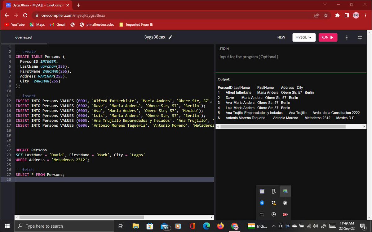 MayorOfisu's tweet image. 1st issue,

Does visual studio code no longer supports MySQL?, because I&apos;ve not been able to make it work on vsc, I&apos;m using onecompiler online and its stressful

2 issue,

UPDATE multiple records is throwing an error,what could be the problem?
#techtwitterng
#tech
#freeCodeCamp