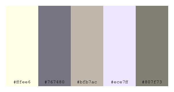 ColPaletteBot's tweet photo. Beep beep, here's a pretty color palette for you! 

color-scheme.js parameters used: 
- hue: 264
- variation: pale
- colors: #fffee6, #767480, #bfb7ac, #ece7ff, #807f73

Have a lovely day!

#twitterbot #colorpalette #colors #palette #prettycolors https://t.co/yXPM9g6EqL