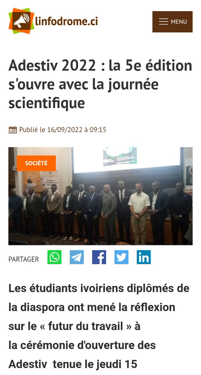 Ridd_ci's tweet photo. ÉVÉNEMENT_ADESTIV2022

Un article, du média @Linfodrome résume la tenue de l'évènement du Jeudi 15 Septembre dernier.  👇

Lien de l'article : https://t.co/1y6EsC81VK

Merci pour la collaboration @Linfodrome🙏

#Article 📝
#LInfodrome 📰
#ADESTIV 🥇🏆
#RIDD 🎓🇨🇮 https://t.co/zVcrtR4yB6