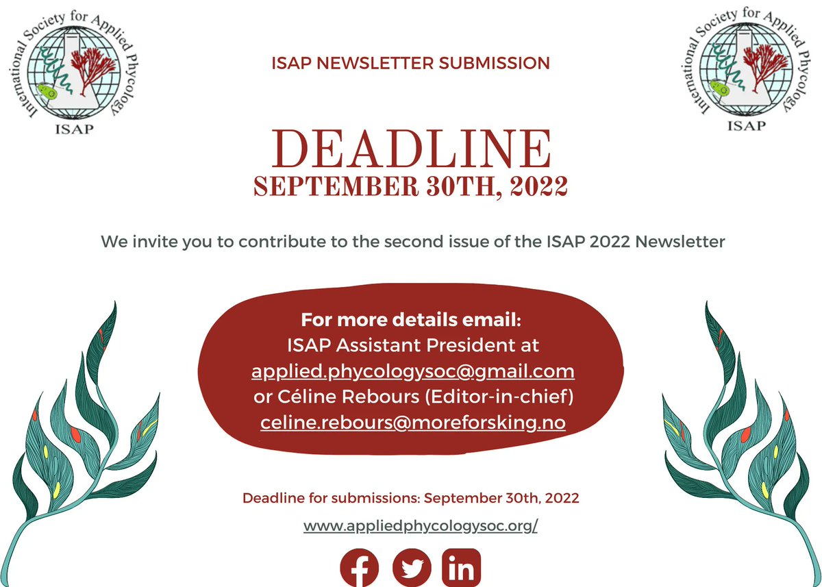 ISAP_Phycology's tweet photo. One week left to submit an article for the ISAP newsletter!
Deadline: September 30th 2022.
Send us an emal or click here for details on how to submit
https://t.co/UpGoiH6rTA 
#appliedphycology #seaweed # microalgae #macroalgae https://t.co/D86uPcOndh