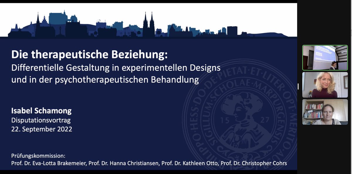 evalottabra's tweet photo. Sehr gespannt: Meine Marburger Doktorandin Isabel Schamong verteidigt nun ihre Dissertation, die sich dem spannenden Thema der differentiellen Gestaltung der therapeutischen Beziehung in der #Psychotherapie widmet, u.a. in experimentellen Designs inkl. #CBASP https://t.co/kiMBytXQuO