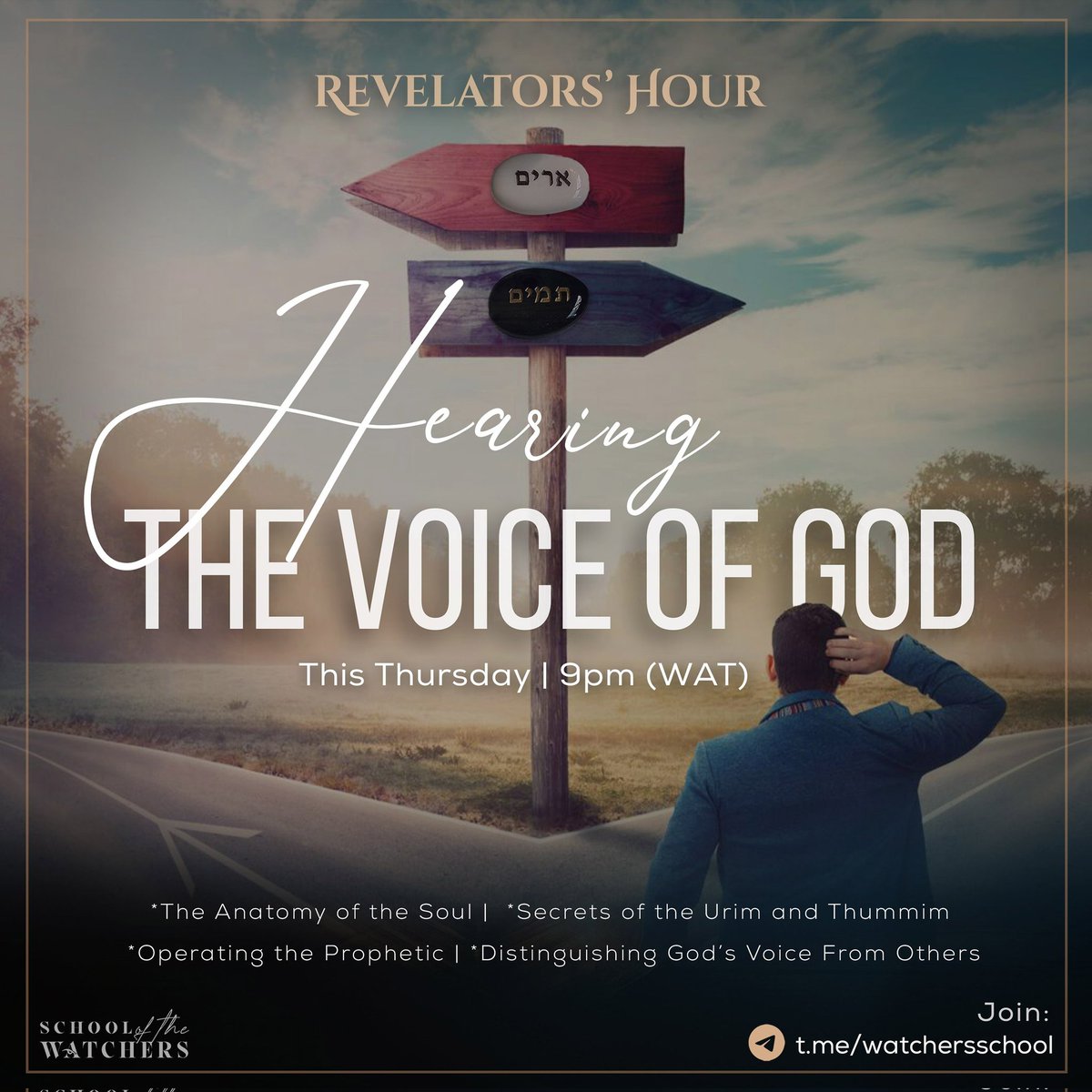 WatchersSchool's tweet photo. Have you always struggled to hear God's voice as a believer in order to make choices or operate in the Prophetic?
Then our Revelators' Hour tonight is for you! Learn to receive the leading of the Spirit.
Join us on Telegram https://t.co/KM831ujUCt. We meet by 9pm (WAT). See ya!😉 https://t.co/ljXfkcyxzA