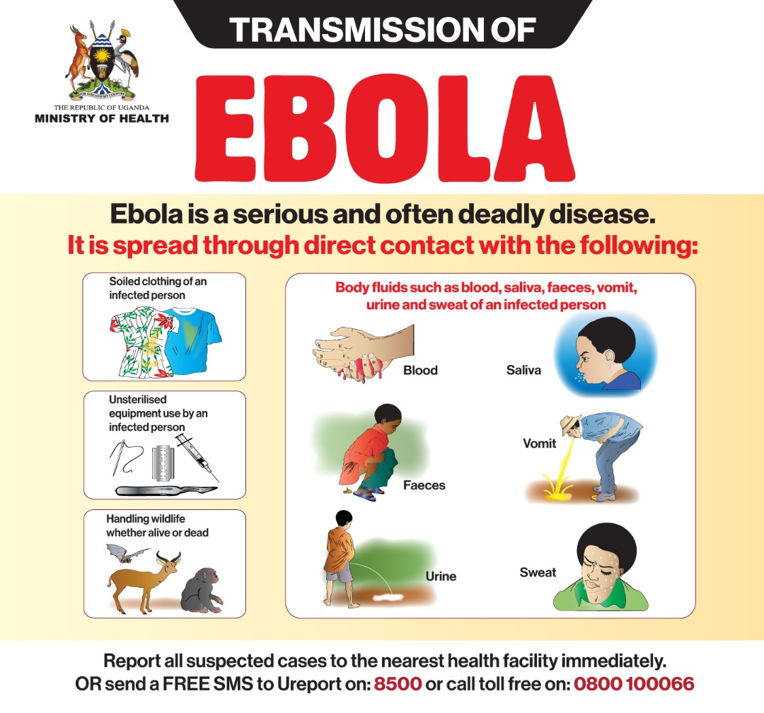There is an outbreak of #Ebola in Mubende District. Ebola is a deadly yet preventable disease. Read more to know how it is spread. Report all suspected cases to the nearest health facility immediately! #EbolaOutbreakUG