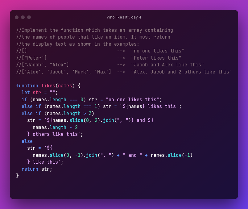 CodewarsB's tweet image. Who likes it?, day 4 #100DaysOfCode #Codewars #javascript