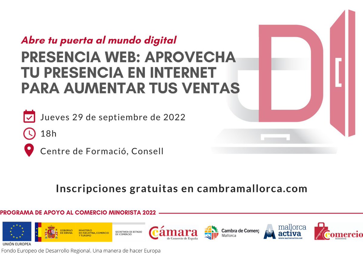 ¿Te has planteado vender tus productos por internet? Aprende a construir tu escaparate online en el próximo taller de #AbreTuPuertaAlMundoDigital
📅Será el jueves 29 de septiembre a las 18h en Consell.
Inscripciones gratuitas ➡️my.mtr.cool/evehoukzbe
<a href="/MallorcActiva_/">Mallorca Activa</a> <a href="/angierussi/">Angela Russi</a>