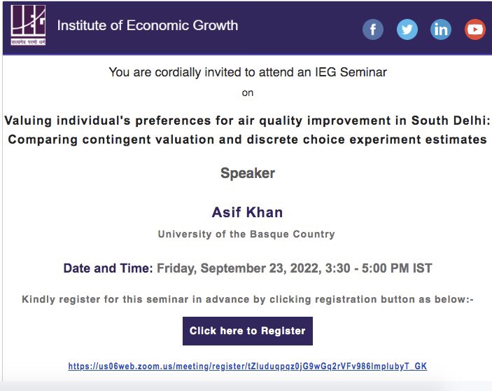 I’ll be giving #seminar on this Friday <a href="/IEGResearch/">Institute of Economic Growth</a> on #airqualityimprovement using #StatedPreference experiments in #India 

Register for zoom link🗓: 
us06web.zoom.us/meeting/regist…

#EconTwitter #phdlife #airpollutionIndia 
#choiceexperiments
#contingentvaluation
