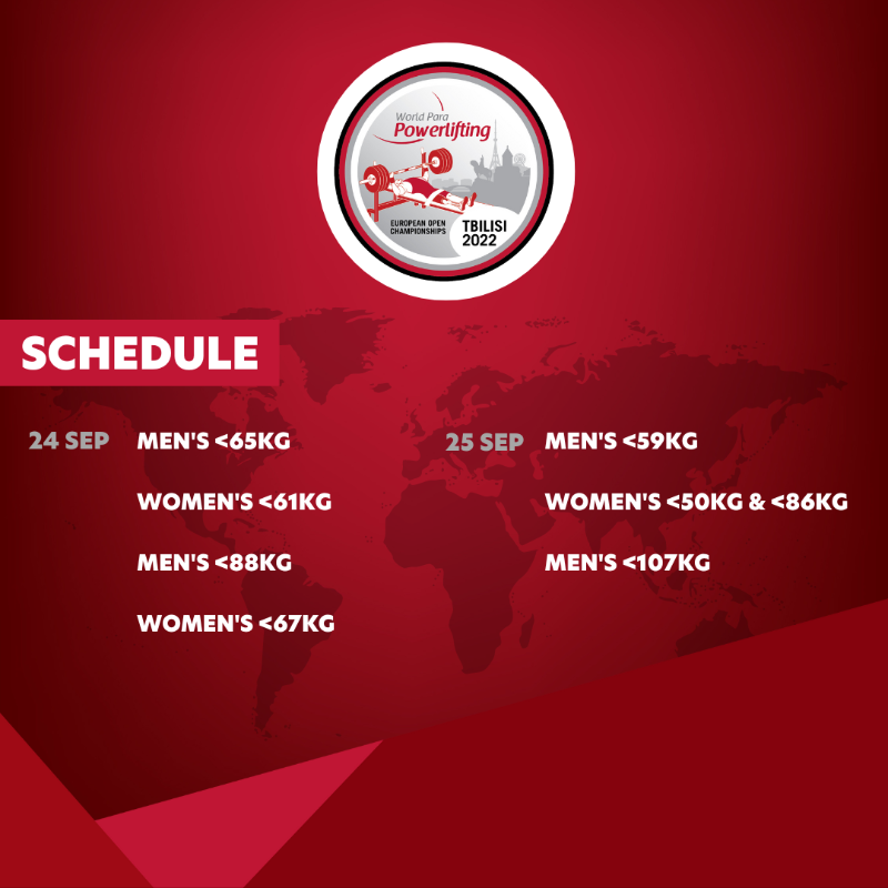 Powerlifting's tweet photo. ⌛️ It's almost time for #Tbilisi2022!

The World Para Powerlifting European Open Championships is about to start. Check out the full schedule of the six-day competition.

📺 The events will be live streamed on our channels! Stay tuned!

#2DaysToGo #ParaPowerlifting @Paralympics