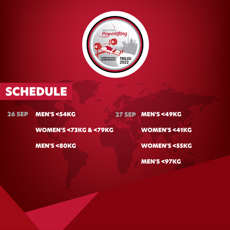 Powerlifting's tweet photo. ⌛️ It's almost time for #Tbilisi2022!

The World Para Powerlifting European Open Championships is about to start. Check out the full schedule of the six-day competition.

📺 The events will be live streamed on our channels! Stay tuned!

#2DaysToGo #ParaPowerlifting @Paralympics