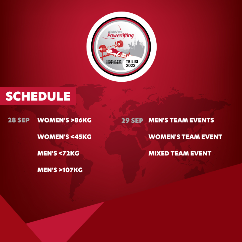 Powerlifting's tweet photo. ⌛️ It's almost time for #Tbilisi2022!

The World Para Powerlifting European Open Championships is about to start. Check out the full schedule of the six-day competition.

📺 The events will be live streamed on our channels! Stay tuned!

#2DaysToGo #ParaPowerlifting @Paralympics