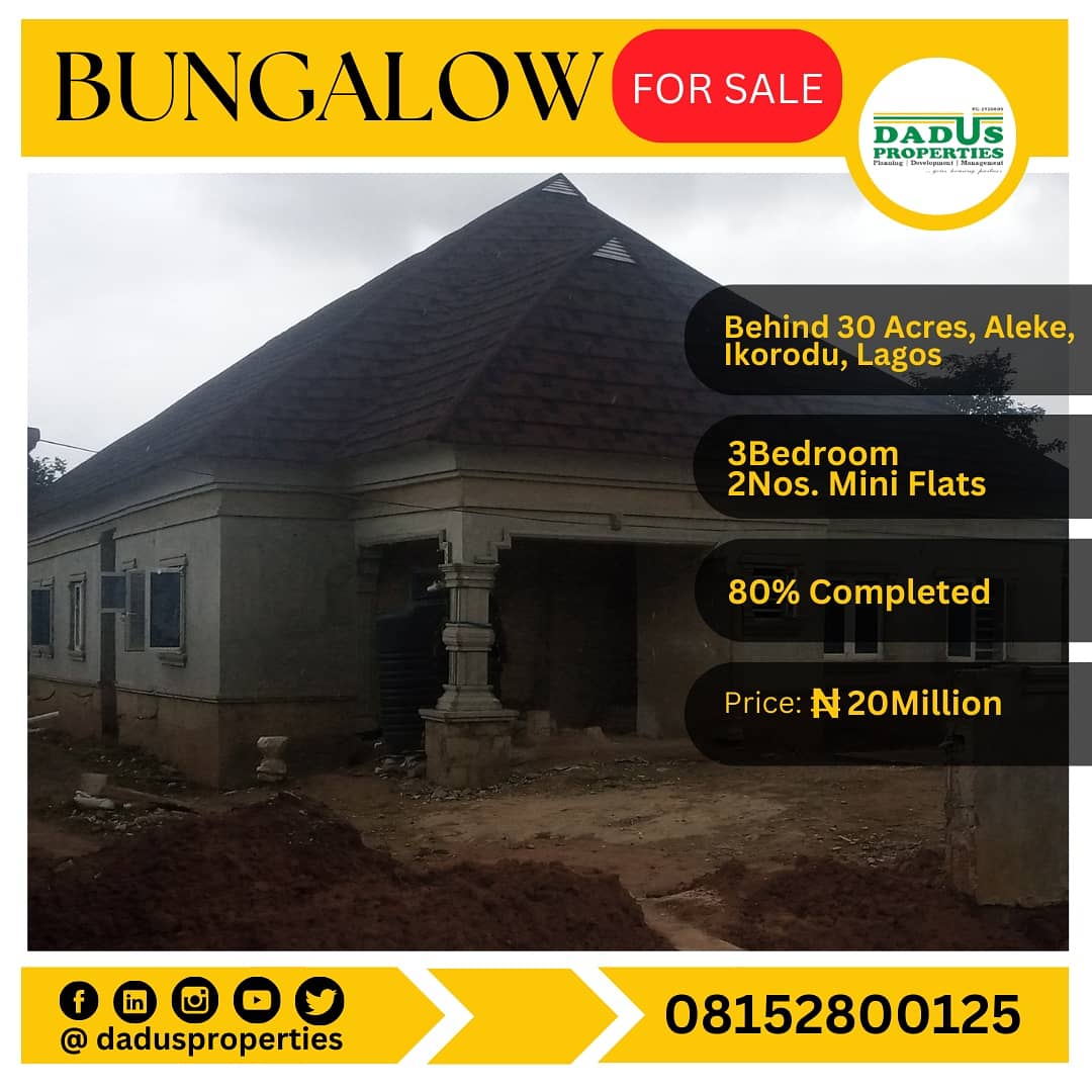 DadusProperties's tweet photo. EXECUTIVE BUNGALOW FOR SALE AT ALEKE, IKORODU, LAGOS
Selling Price: NGN20Million.
Title: Good & Marketable.
For inspection and enquires, please call 08152800125.
#bungalow #Aleke #30Acres #itokinroad #adamo #plots #internationalmarket #ikorodu https://t.co/AwXgt0BU4Y