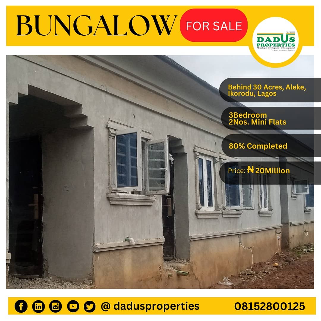 DadusProperties's tweet photo. EXECUTIVE BUNGALOW FOR SALE AT ALEKE, IKORODU, LAGOS
Selling Price: NGN20Million.
Title: Good & Marketable.
For inspection and enquires, please call 08152800125.
#bungalow #Aleke #30Acres #itokinroad #adamo #plots #internationalmarket #ikorodu https://t.co/AwXgt0BU4Y