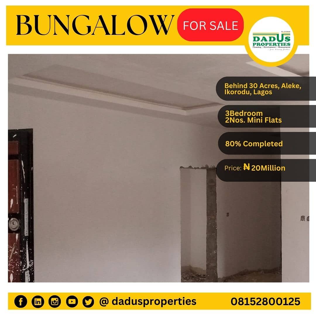 DadusProperties's tweet photo. EXECUTIVE BUNGALOW FOR SALE AT ALEKE, IKORODU, LAGOS
Selling Price: NGN20Million.
Title: Good & Marketable.
For inspection and enquires, please call 08152800125.
#bungalow #Aleke #30Acres #itokinroad #adamo #plots #internationalmarket #ikorodu https://t.co/AwXgt0BU4Y