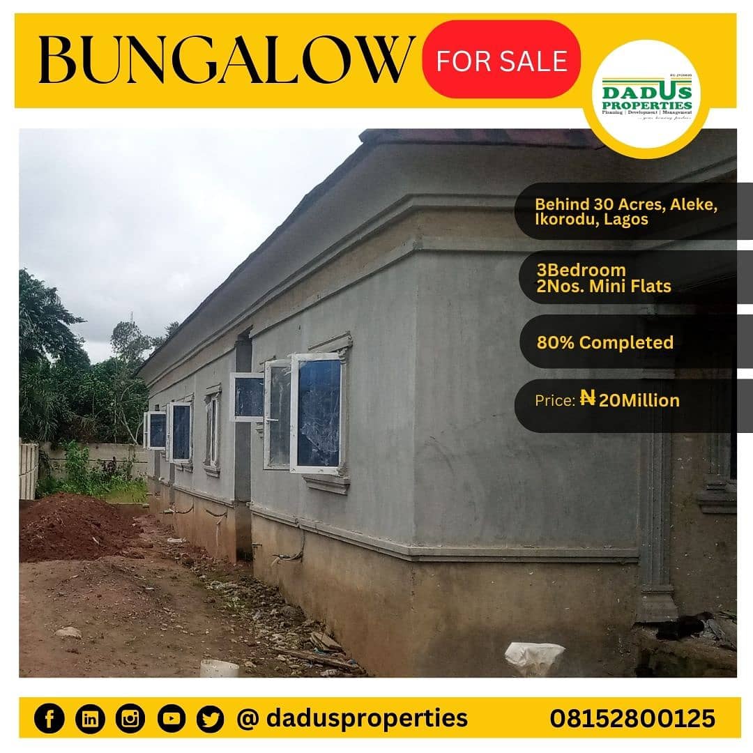 DadusProperties's tweet photo. EXECUTIVE BUNGALOW FOR SALE AT ALEKE, IKORODU, LAGOS
Selling Price: NGN20Million.
Title: Good & Marketable.
For inspection and enquires, please call 08152800125.
#bungalow #Aleke #30Acres #itokinroad #adamo #plots #internationalmarket #ikorodu https://t.co/AwXgt0BU4Y