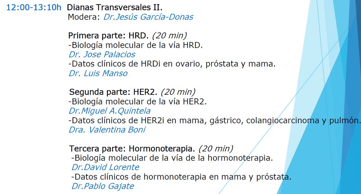 El 6 de octubre en la segunda mesa de dianas transversales hablaremos de HRD, HER2 y hormonoterapia y, por supuesto, actualizaremos los datos clínicos existentes de sus inhibidores en diferentes localizaciones. Aún estáis a tiempo de inscribiros en: docs.google.com/forms/d/e/1FAI…