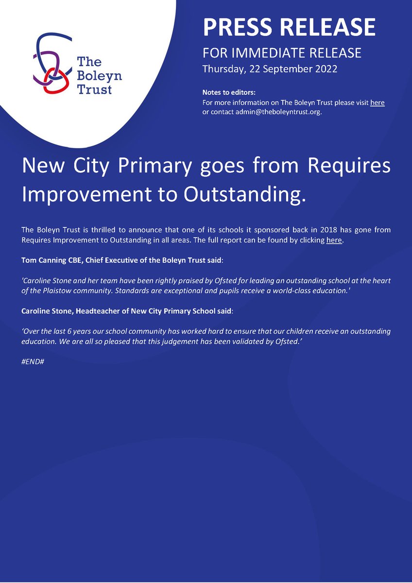We've only gone and done it again! New City Primary in Plaistow, East London taken from Double RI to Outstanding in all areas having been sponsored by the Trust back in 2018. Report can be found here: tinyurl.com/5ymc75mc <a href="/LdnDistEastTSH/">London District East Teaching School Hub</a>  <a href="/Regions_London/">DfE Regional Director, London</a>