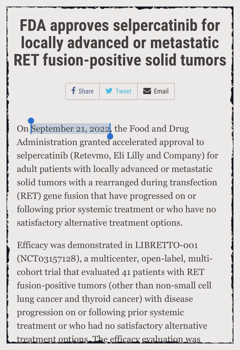 🗞 Here you go!🙌🏾 Now ?6️⃣th AGNOSTIC approval across cancer types. 🤔We got: Pembro for MSI-High AND TMB-High ✌🏾NTRK⛔️💊 #BRAFV600E And now #RET “FDA approves #selpercatinib for locally advanced/metastatic #RET fusion-positive solid tumors” @OncoAlert fda.gov/drugs/resource…