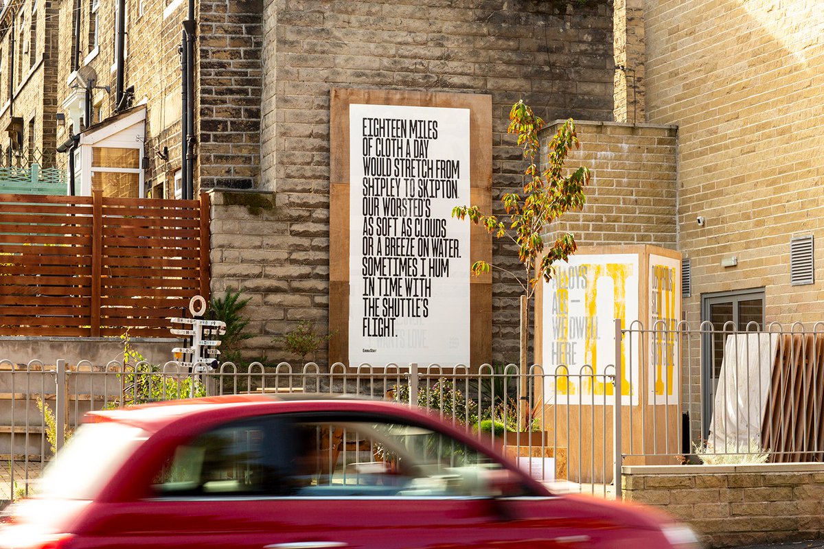 New in our Poetry & Print Garden for this year's rescheduled @SaltaireFest Extract from award-winning poem, 'Eighteen miles' by Emma Storr, who also helped print the mural! Come for a closer look during our open weekend, 24 & 25 Sep. #Bradford #Shipley #Saltaire #poetry