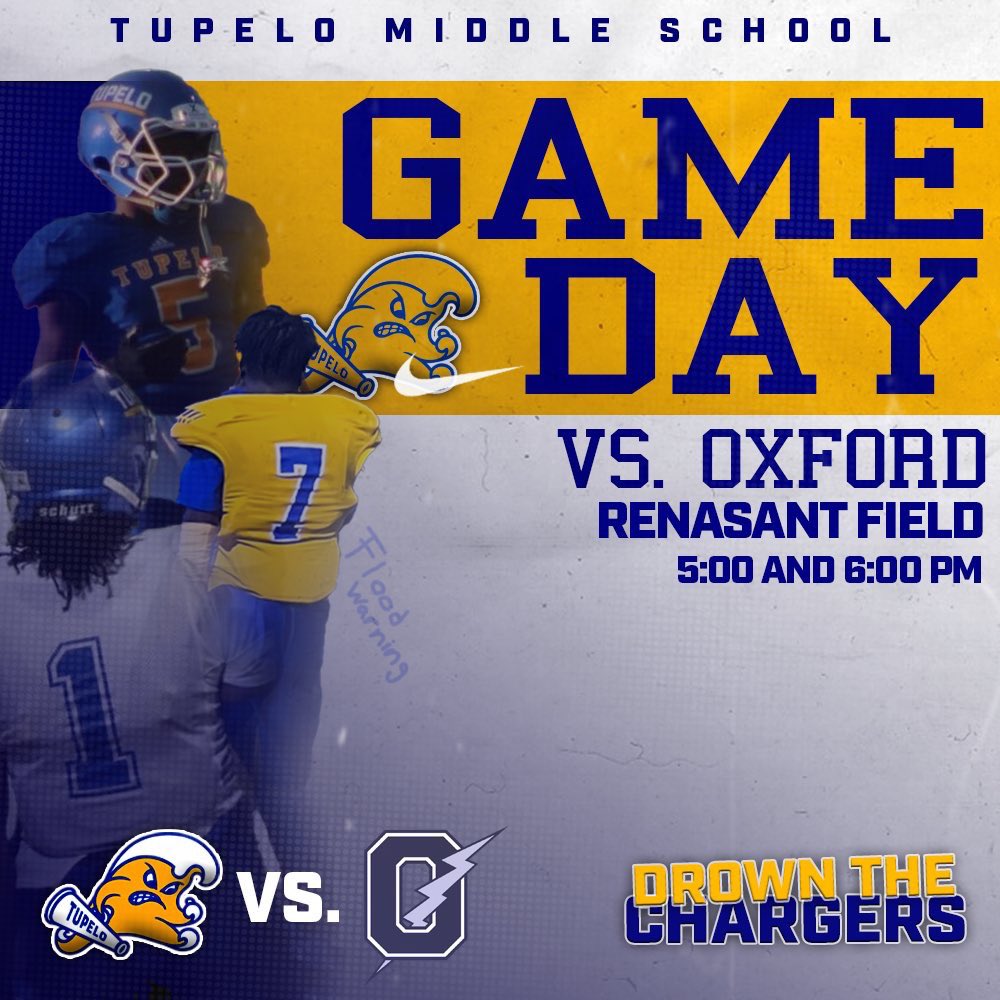 TupeloMiddleFB's tweet photo. GET UP. It's Gameday! 🌊 #FloodWarning

🆚 Oxford ⚡️ 
🗓 9/22
🕰 7th grade (3-0) 5:30pm
🕰 8th grade (3-0) 6:30pm 
🏟 Renasant Field. Tupelo, MS
📸 @zaczgraphics 
🎟 https://t.co/2mTShz8Lpf https://t.co/6RTnVjIrUX