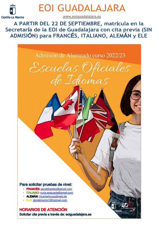 eoiguada's tweet photo. MATRICULACIÓN SIN SOLICITUD DE ADMISIÓN EOI GUADALAJARA. FRANCÉS, ITALIANO, ALEMÁN Y ELE. Opción a prueba de nivel. A PARTIR DEL 22 DE SEPTIEMBRE. Para más información: https://t.co/n7P3s7njjG https://t.co/gmAG05L2KV