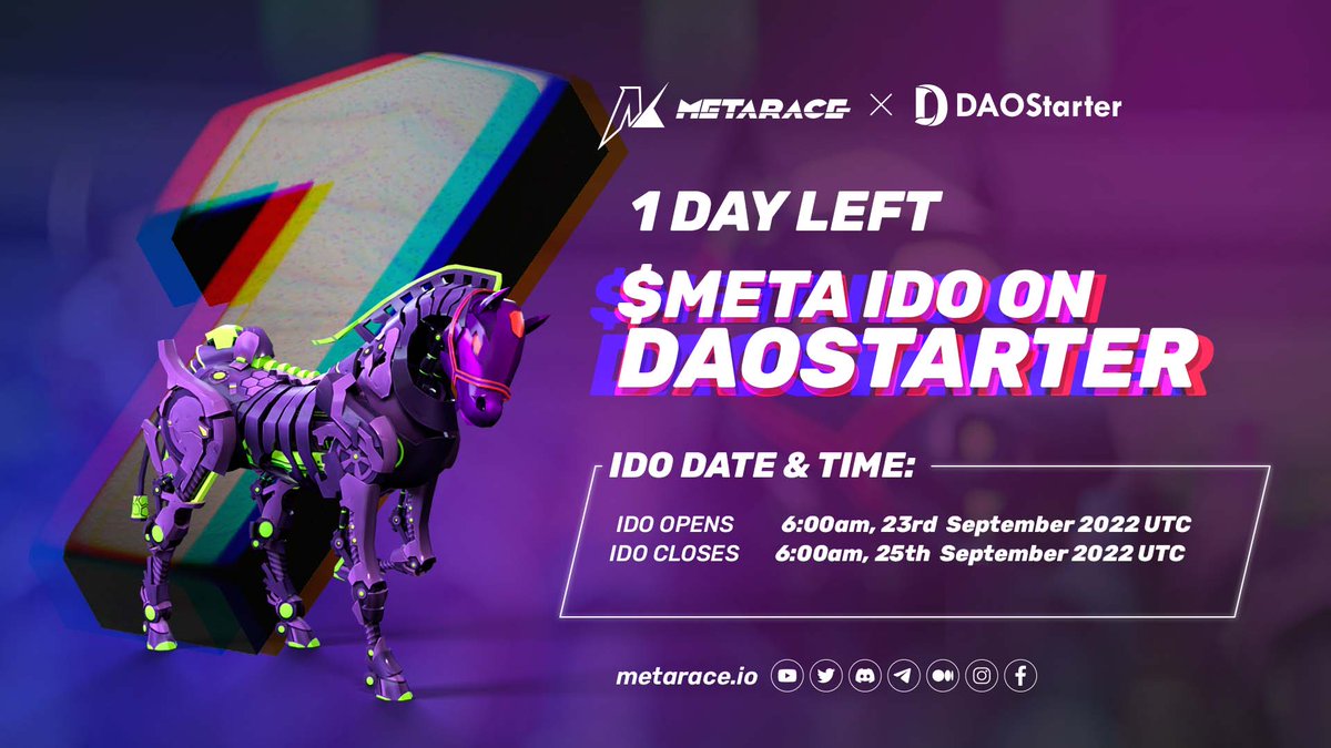 PregameSin's tweet photo. ⚡ #IDO countdown… only 1 day to go! 🕛

The #MetaRace IDO on @DaoStarter opens tomorrow, Friday, Sept 22nd.

🏆 $META holders get early MetaRace game access!

🔜 Get your $USDT &amp; $CMP ready to buy $META!

✅ Guide: https://t.co/xfVwDOSFRh  

#eSports #GameFi #PlayToEarn #NFTs https://t.co/o2lOTaVynk